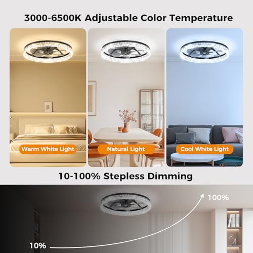Image of Crystal Ceiling Fans with Lights and Remote, 20 inch Low Profile Flush Mount Ceiling Fan with 7 Blades, 6 Speeds, 3CCT Dimmable LED Light (3000K-6500K), Modern Fandelier Ceiling Fans for Bedroom