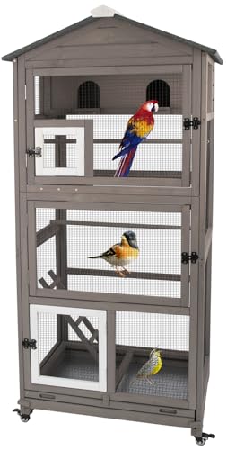 Ketive Flight Bird Cage Outdoor Large Wooden Bird Aviary Parrot Cage for Parakeet, Finches and Any Small Birds - Pull Out Wire Netting, Slide-Out Tray, 2 Perches, Nest House, 4 Wheels Include, Grey
