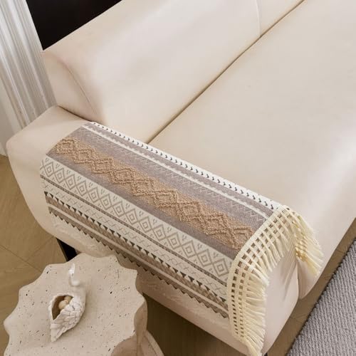 Image of HOMETHREADS Innovative European Premium Style Anti Slip Cotton Sofa Cover Mat with PVC Backing for Non-Slip Comfort (Khaki, 2Pc Armrest Mat | 70x50cm)