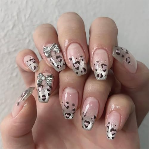 Image of Secret Lives French Leopard Print Gradient Short Ladder Artificial Press-On Nails with Cat-Eye Glitter