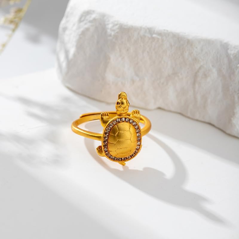 CZ Sea Turtle Adjustable Statement Band Ring for Women Gold Plated Retro Stackable Good Luck Animal Ocean Tortoise Knuckle Finger Open Rings Summer Beach Hawaii Jewelry Birthday Gift for Her Wife Mother - Image 2