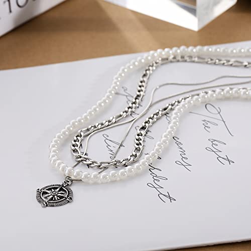 Tosgmy Pearl Necklace For Men Layered Cuban Link Cross Necklaces Mens Stainless Steel Chain Faux Pearl Choker Compass Pendant 3Pcs Necklaces Set For Men Women Jewelry Gift For Boyfriend Husband Son #TOP6