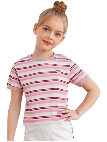 FEESHOW Kids Girls Boys Striped T-Shirt Crewneck Summer Shirts Short Sleeve Color Block Casual Holiday Tops