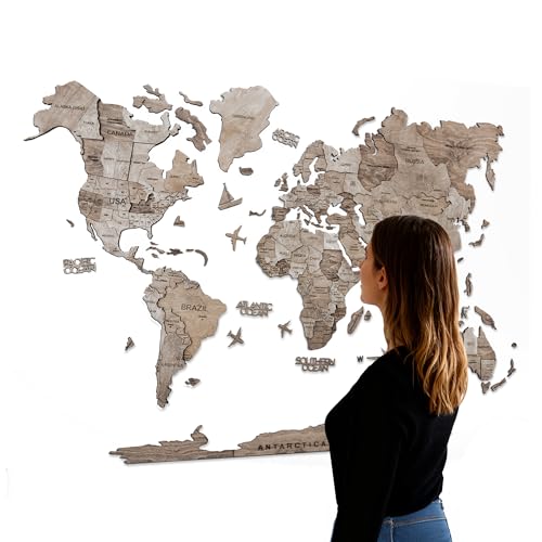 3D Wood World Map Wall Art – Large, Birch Plywood (Terra)
