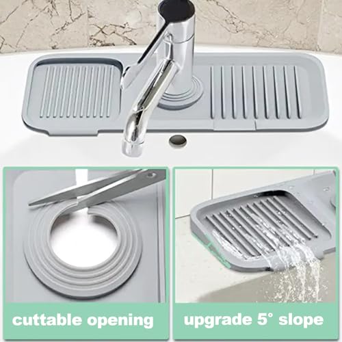 CUIDAKJ-37-x-14-cm-Alfombrilla-para-GrifoAtrapar-GotasTapete-Grifo-de-CocinaProtector-contra-SalpicadurasAlmohadilla-de-Secado-de-AguaTapete-Silicona-Fregadero-con-Drenaje-para-Encimeras-Gris