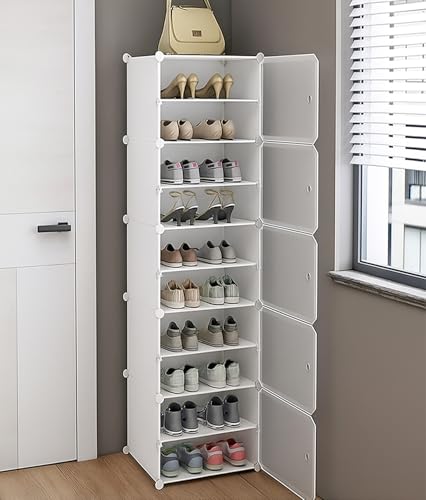 Image of AYSIS Plastic Shoe Rack for Home | 𝟏𝟎 𝐒𝐡𝐞𝐥𝐟 DIY Shoe Rack with Door for Home Storage Plastic Box Organizer, Metal Door Frame, Chappal Slipper Sandals Stand (White, 10-Shelf-5-Door)