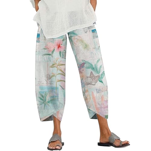 Womens Linen Wide Leg Pants Boho Floral Baggy Barrel Pants Casual Drawstring Elastic Waisted Trousers with Pockets