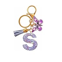 Cute Initial Letter Keychains for Girls Women with Tassel Butterfly Colourful Alphabet Keychain for Backpacks (S-Purple)