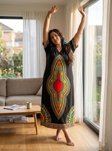Image of Plus Size Maxi Dress for Women Short Sleeve V Neck Casual Loose Sundress with Pockets