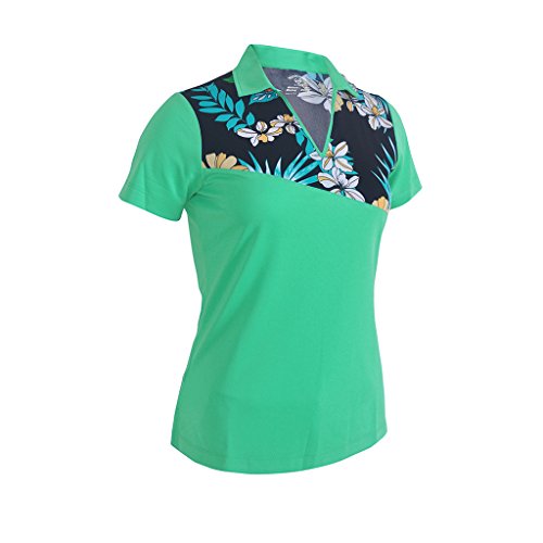Monterey Club Women s Tropical Floral Print Block Polo Shirt #2317 (Turquoise, Medium)