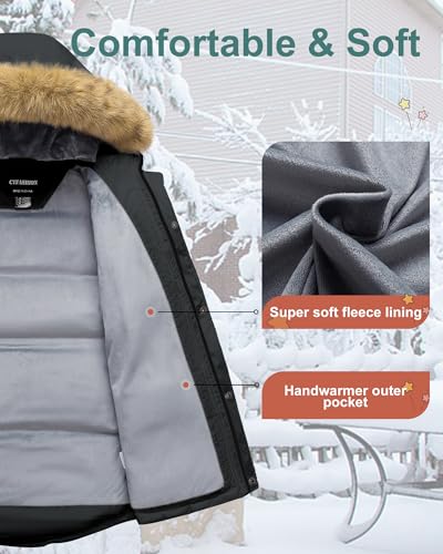 Image of Boy's Winter Coat Waterproof Kids Puffer Jacket Thicken Parka Fleece Lined Bubble Ski Snow Outerwear with Fur Hood