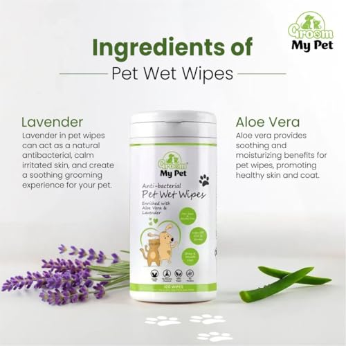 Image of Wet Wipes for Dog & Cat-100 Wipes | Enriched with Lavender & Aloevera Extract | Anti-Bacterial & Hypoallergenic | Dry Bath for Coat, Skin, Ears, Face, Butt & Paws | (Pack of 2)