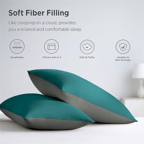 Image of Cloth Fusion Soft Reversible Microfiber Pillows Set of 2 for Sleeping (16x24 Inches, Teal-Grey)