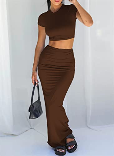 Image of Two Piece Skirt Set for Women 2 PC Y2K Outfits Short Sleeve Crop Tops Bodycon High Waist Long Maxi Skirts