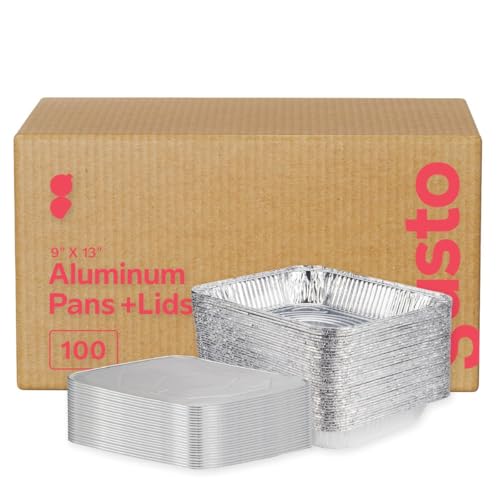 Image of GUSTO 9x13 Inch Aluminum Foil Pans With Lids [100 Sets] Half Size Deep | Thicker 37.4 Gauge, Food-Safe Tin Disposable Trays, Freezer-Safe, Oven, Grill & Smoker Use, Secure Transport, Recyclable