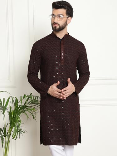 Image of SOJANYA Men's Cotton Regular Fit Casual (Since 1958 Contrast Embroidered Sequinned Long Kurta