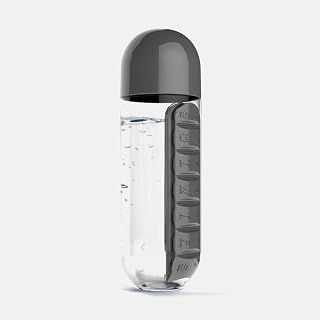 600Ml Water Bottle with Pillbox Plastic Drink Bottle with Medicine Pills Box Travel 7 Days Drug Organizer Drinking Container (Black)