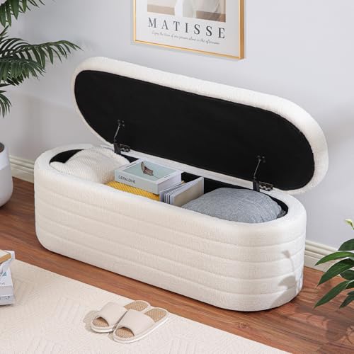 OuchTek Teddy Sherpa Storage Ottoman Bench, Modern Upholstered Window Bench with Safety Hinge Lid, Oval White Ottoman for Living Room, Bedroom End of Bed