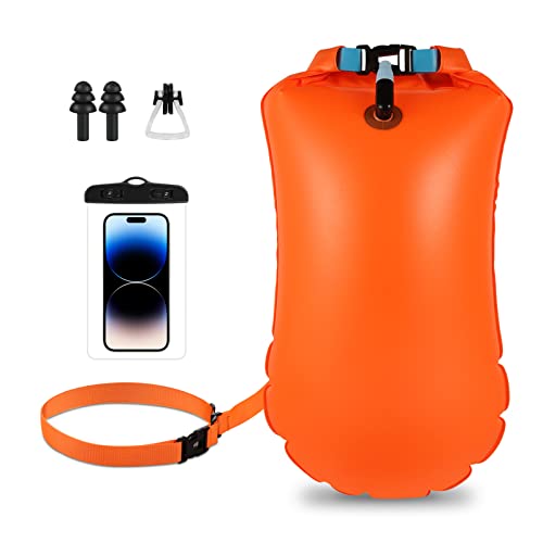 Lyneun Boya de Natación para Adultos Inflable, Flotador Natación Aire Libre Ajustable, Swim Bubble Altamente Visibilidad para Entrenamiento Acuático, Triatleta Snorkel Deportes (20L, Naranja)