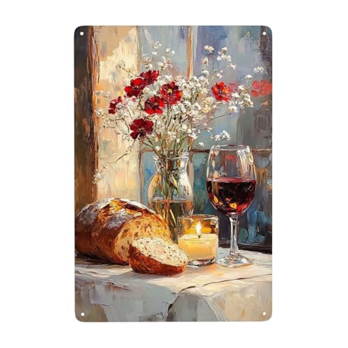 Cafemira Metal Signs,Red wine and bread,Vintage Tin Sign Home art
