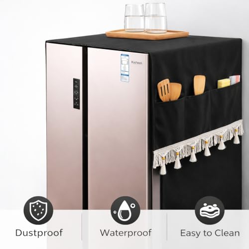Image of Fridge Cover Top with Tassel Lace for Double Door Refrigerator - Washable, Water-Resistant Polyester Refrigerator Cover Top with 6 Side Pockets for Kitchen Accessories, Dustproof (Black)