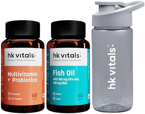 hk vitals Fish Oil & Multivitamin+ Probiotics, 2x60 Tablets + Sipper 300ml