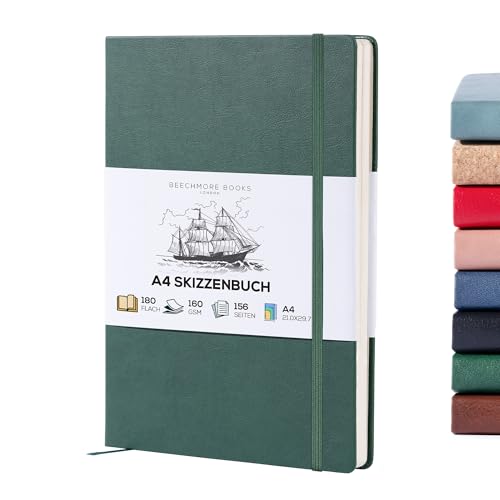 BEECHMORE BOOKS Skizzenbuch A4 (21,0 × 29,7 cm) – Hardcover aus Veganleder, 156 Seiten 160 g/m² | Perforiert, Lay-Flat, Blanko Skizzenblock, Geschenkbox, Skizzenblock für Zeichnen, Malen, Mixed Media
