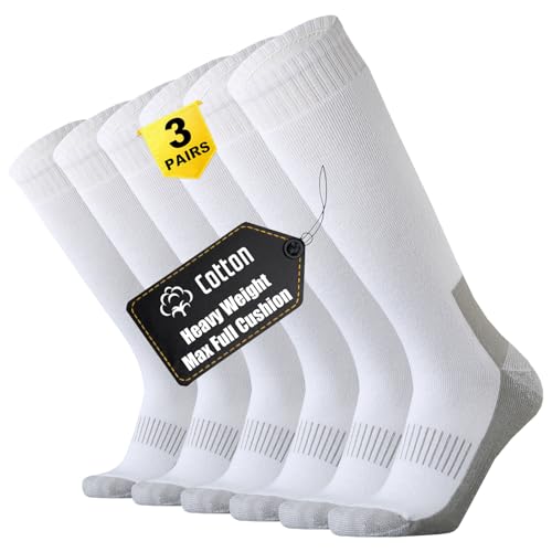 ONKE Max Full Cushion Knee High Socks for Men Work Boot Athletic Over the Calf Heavy Duty Tube Thick Durable Moisture Control(White L)