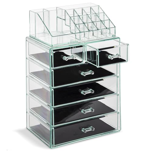 Image of Sorbus Acrylic Makeup Organizer Set, 6-Drawer Vanity & Countertop Cosmetic Storage with Small & Wide Compartments, Teal Thrill Makeup Storage for Brushes, Jewelry - Holiday Gift for Women & Teens