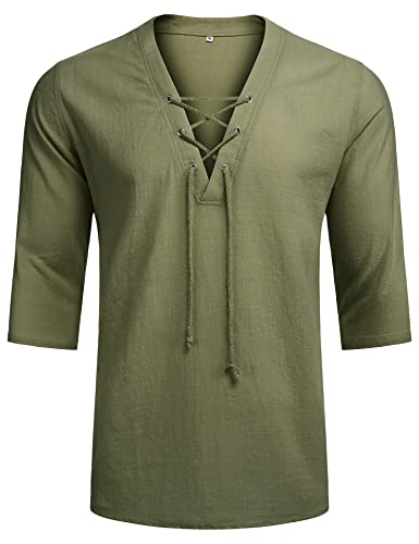 Lecgee Men's Casual Cotton Linen Short Sleeve Tee Shirt Hippie V Neck Summer Beach Yoga Tops Pirate Shirt Army Green #TOP3