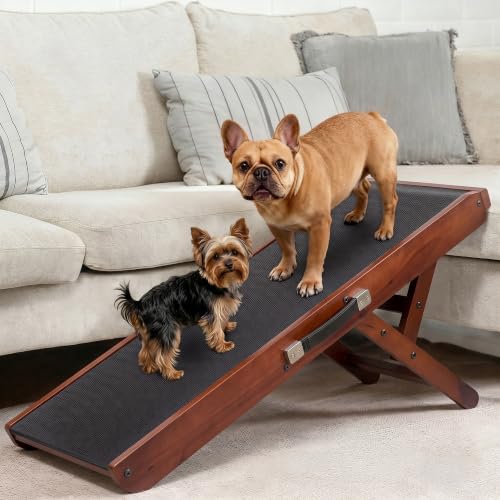 Image of Dog Ramp for Couch - Non-Slip, Sturdy Build Foldable Wooden Dog Ramp - Supports up to 200 lbs - 7 Adjustable Heights (14 inch-20.5 inch) - Enhanced Stability - Birchwood Pet Ramp for Small Dogs - Walnut