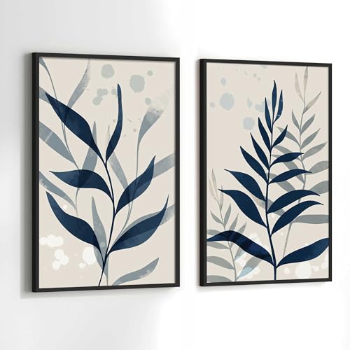 Quadros Decorativos com Moldura Folhas Azul Tons Neutro Sala Quarto Kit Conjunto 2