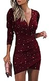 ORANDESIGNE Kleid Damen Schlank Dünnes Kleid Einfarbig Pailletten Tiefer V-Ausschnitt Lange Ärmel Enger Rock Kurzes Kleid Frauen B Rot XL