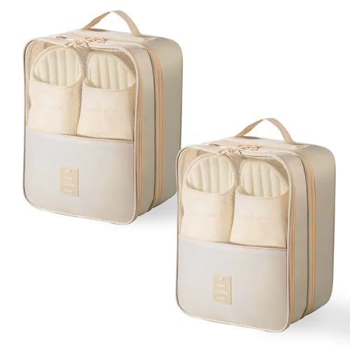 2 PCS Travel Shoe Bags Shoe Packing Cubes For Travel And Daily Use Luggage Bags Storage Pouch Holds 6 Pair of Shoes Waterproof With Zipper Cream