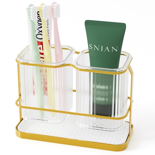 Goldener Zahnbürstenhalter für Badezimmer, 2 Tassen, Zahnbürstenhalter, Wandmontage, Trocken- und Nass-Trennung, Badezimmer-Organizer und Aufbewahrung, Badezimmer-Zahnbürstenhalter-Set für Familie und
