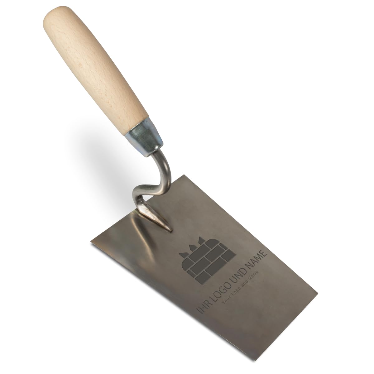 Maurerkelle mit personalisierter Gravur eines Namens und Logos - Trapezkelle 16 cm aus Edelstahl mit Holzgriff - Grundsteinlegung, Meisterprüfung