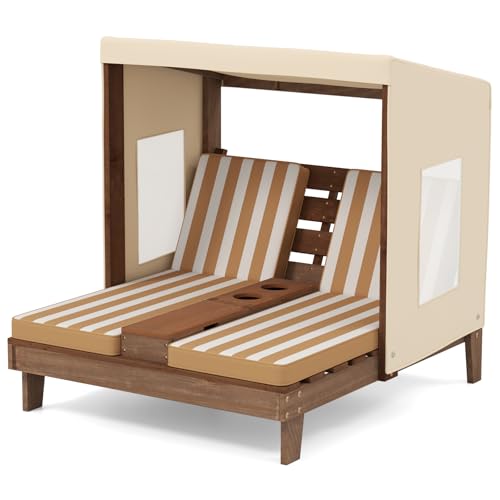 COSTWAY Kids Double Chaise Lounge Outdoor, 2-Seat Patio Lounge Chair with Cup Holders & Cushions, Kids Pool Lounger with Canopy, Wood Patio Furniture for Children Boys Girls 3-5 Year Old (Beige)