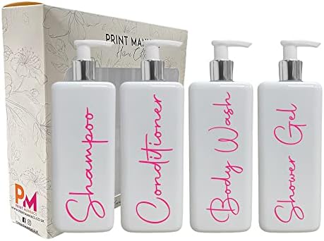 Print Maniacs Mrs Hinch Inspired Signature White 500ml Square Reusable Dispenser Bottle Silver Pump Personalised Bathroom Storage Toiletries Set F2 (Grey, Shamp, Con, Body Wash)