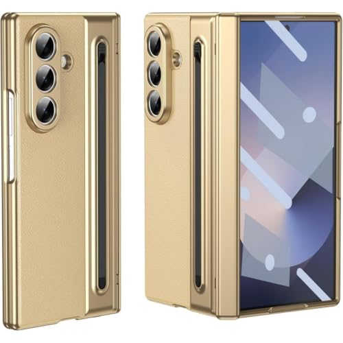 Image of Ultra Hybrid Luxury Leather Compatible with Samsung Galaxy Z Fold 8 Ultra (2026)| Built-in S Pen Holder| 360 Hinge Protection | Slim Shockproof Back Cover with Tempered Glass - Golden