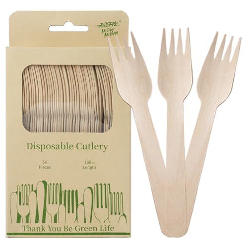 DTFMZOV 50 Pcs Disposable Wooden Forks, 6.3 Inch Wood Forks, Biodegradable Eco-friendly Compostable Fork Wooden Cutlery for Camping Picnics Dinner Party Supplies