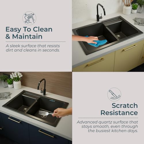 Image of ARQUIN ARQUIN Quartz Kitchen Sink 31x18x9 Inch Black Double Bowl Kitchen Sink Granite sink, UV Protected, Undermount /Topmount Noise Reducing Quartz Sink for Kitchen Basin