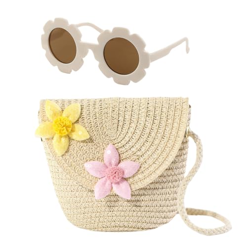 AWAVM Ensemble sac à bandoulière pour filles – Joli sac à main avec lunettes de soleil à fleurs, sac à main tressé réglable pour enfant