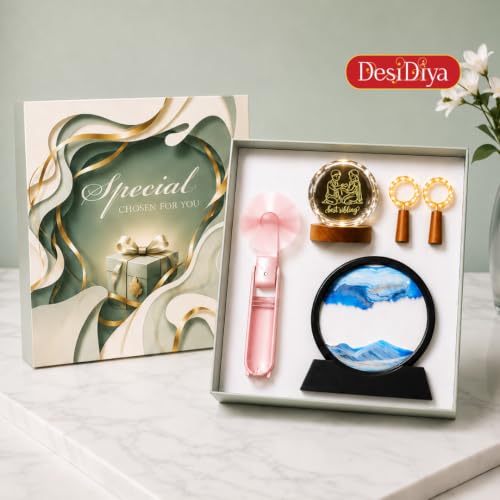 Image of Desidiya Raksha Bandhan Gift Combo for Brother & Sister, 5 Pcs Gift Set | LED Crystal Ball Lamp, Sand Art Lamp, USB Rechargeable Fan & Decor Lights | Unique Add-On Gift for Rakhi