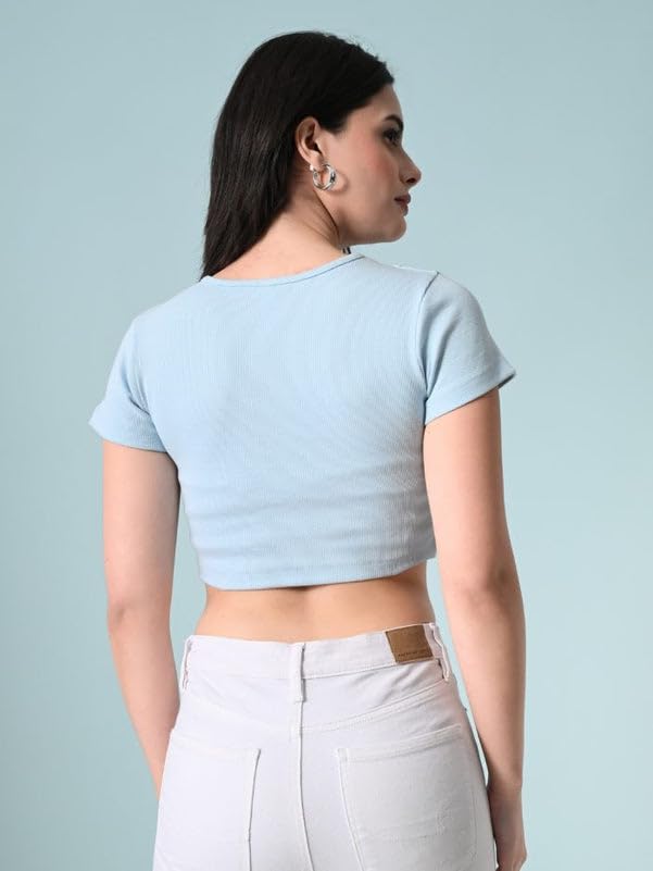 Image of Women's Blue Cotton Ribbed Crop Top | Short Sleeve Cut-Out Design | Stylish Summer Top