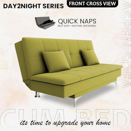 Image of Adorn India Premium New Aspen 3 Seater Sofa Cum Bed 4X6 Velvet Suede with 2 Cushions (Color Light Green) and Suitable for All Indoor, with 3 Years Warranty
