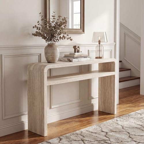 Hyfirm 51 Inch Long Modern Console Table for Entryway Travertine Style Sofa Table Behind Couch 30 Tall Hallway Tables with Lower Shelf Simple Beige Wooden Console for Living Room Foyer Apartment