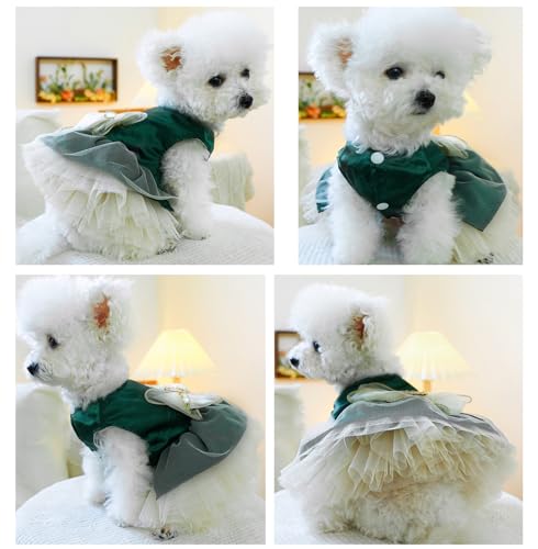 Image of HDKUW Small Dog Dress, Girl Puppy Lace Princess Skirt Tutu Dress with Bowknot,Chihuahua Yorkie Clothes Outfit for Birthday Wedding Party Green L