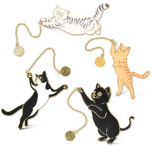 4 Pcs Cat Bookmark Set for Women Cute Metal Bookmarks with Gold Chain and Round Charm Book Marks for Reading Women Book Marker Bookmarks for Book Lovers