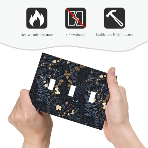 Decorative Switch Plate Covers Rustic Navy Dark Blue Leaves Golden Floral 3 Gang Light Switch Cover Plate Triple Toggle Wall Plate Outlet Covers for Bedroom Home Decor