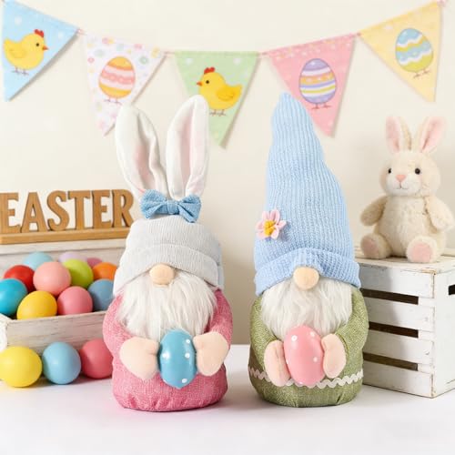 Sunshine Smile 2 Stück Ostern Deko Wichtel, Handgemachte Plüsch Osterhasen Zwerge mit Eiern, Skandinavisch, Matt, Filz, Baumwolle, Holz, Ostern, Frühling Urlaub Dekoration